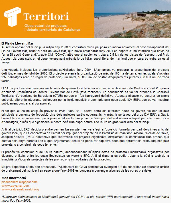Informacin sobre Llevant Mar (Gav Mar) publicada en la web de la Societat Catalana d'Ordenaci del Territori (Marzo 2010)